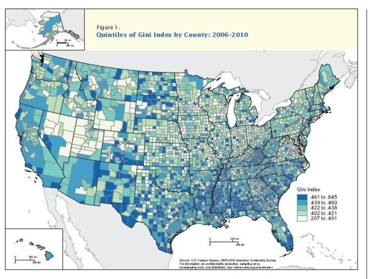 The U.S. Census Bureau this week released a report looking at what counties have the highest level of household income inequality. The counties in the darkest blue have the highest disparity.