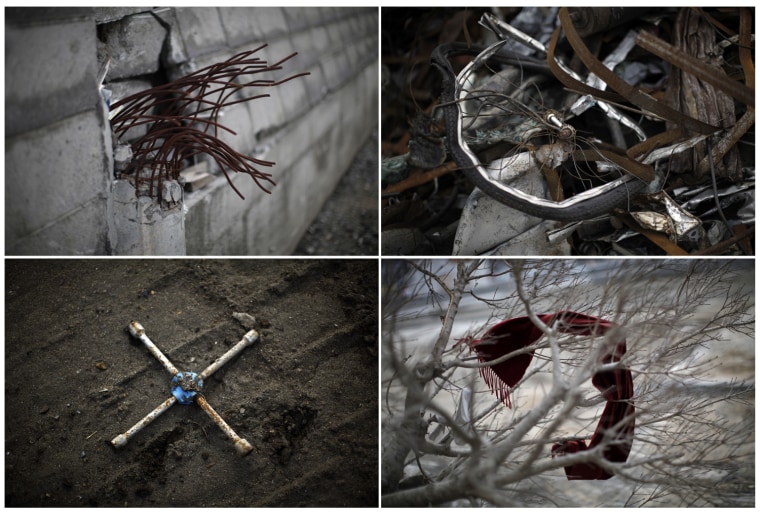 Combination picture shows remains from the March 11, 2011 earthquake and tsunami in Ofunato and Rikuzentakata, Iwate Prefecture. With a minute of silence, tolling bells and prayers, Japan on Sunday marks the first anniversary of a massive earthquake and tsunami that killed thousands and set off a nuclear crisis that shattered public trust in atomic power and the nation's leaders. A year after the magnitude 9.0 earthquake unleashed a wall of water that ripped through Japan's northeastern coast, killing nearly 16,000 and leaving nearly 3,300 missing, the nation is still grappling with its human, economic and political costs. Pictures taken March 9, 2012 (bottom L) and March 10, 2012. REUTERS/Carlos Barria (JAPAN - Tags: DISASTER ANNIVERSARY)