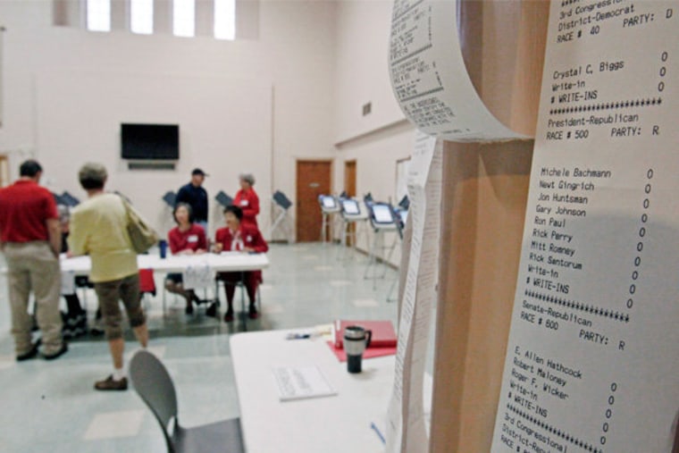 A electronic machine test voting strip hanging up inside the voting precinct at Madison United Methodist Church in Madison, Mississippi on Tuesday.