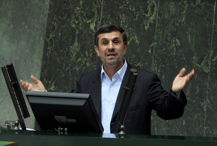 epa03144028 Iranian President Mahmoud Ahmadinejad speaks at the parliament in Tehran, Iran, 14 March 2012. Ahmadinejad appeared in parliament for questioning on political and economic issues. Ahmadinejad is the first president in Iranian history to face questions by parliament. The summons was a further blow to the president, whose faction this month lost a parliamentary election to his more conservative rivals. EPA/ABEDIN TAHERKENAREH