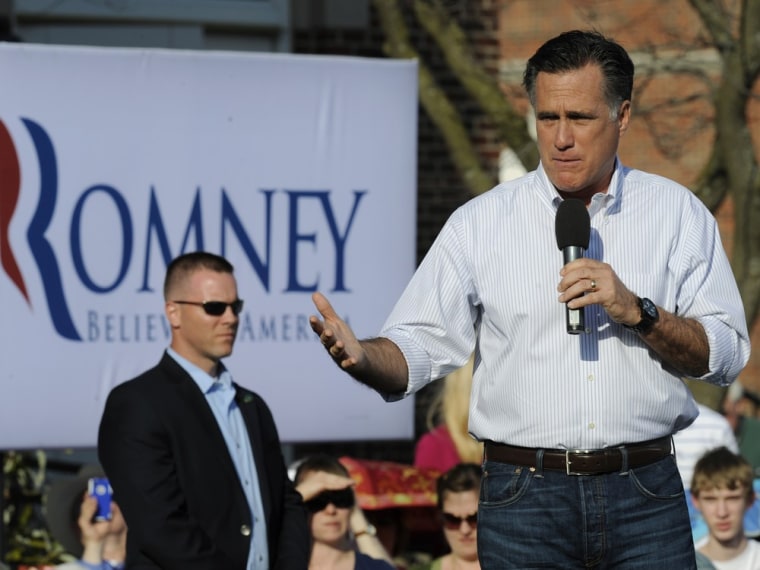 Republican U.S. presidential candidate and former Massachusetts Governor Mitt Romney speaks as he visits a Republican presidential caucus at William Jewell College in Liberty, Missouri. March 13, 2012. REUTERS/Dave Kaup (UNITED STATES)
