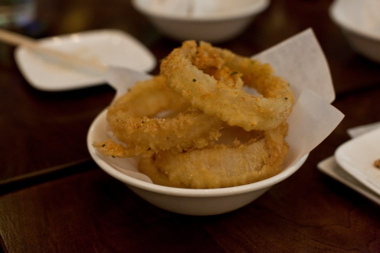 Tempura onion rings with white soy -- perfectly light and crispy without being greasy.