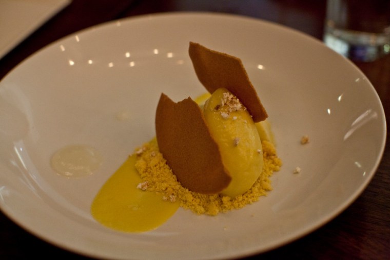 Sweet corn sorbet with polenta custard, caramel salt and lemon.