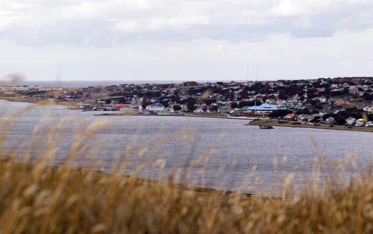 Port Stanley is seen from Wireless Ridge on Monday.