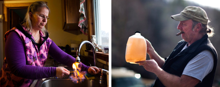 Left: Sherry Vargson, who leased the mineral rights under a portion of her farm to the gas company Chesapeake Energy, illustrates her assertion that methane has leached into her well water by lighting the water on fire as it pours from her kitchen sink in Granville Summit, Pennsylvania, March 8. Right: Ray Kimble shows the discoloration in a gallon of water he says came from his well in Dimock, Pennsylvania, March 8.