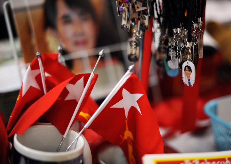 Pendants carrying portraits of opposition leader Aung San Suu Kyi and her father General Aung San are displayed for sale at the National League for Democracy (NLD) headquarters in Yangon on March 29. More than two decades after its stolen election win, Aung San Suu Kyi's opposition party is set for a dramatic political comeback in Myanmar polls which could herald an easing of sanctions.