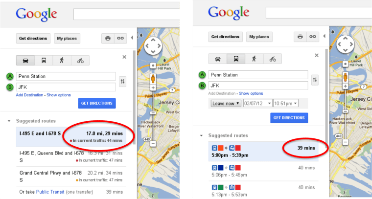 Real-time returns to Google Maps directions