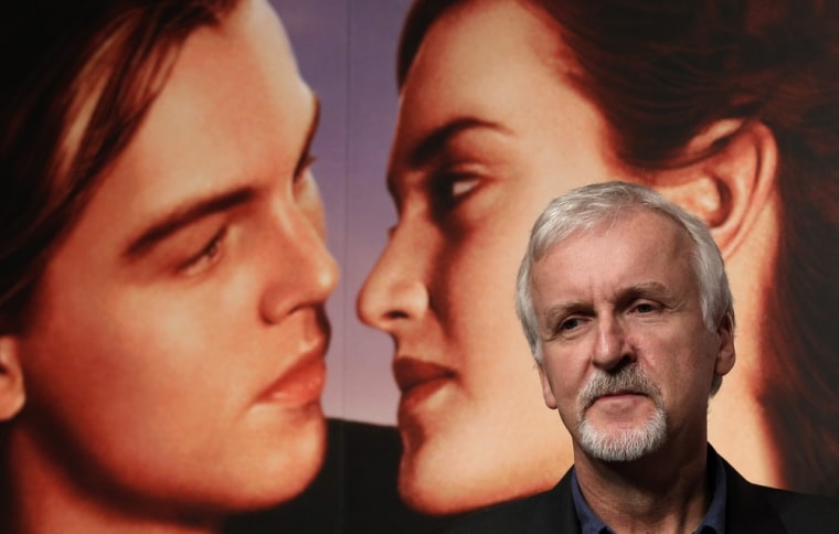 Director James Cameron attends a press conference to promote his 3-D version of