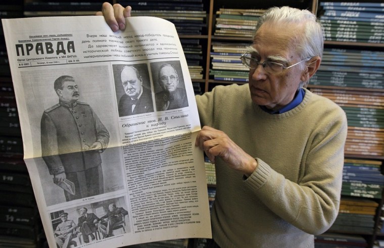 Spekhov Yevgeny, editor of correspondence department, shows an issue of paper 'Pravda' from 10 May 1945 after the capitulation of Nazi Germany in the editorial office of Russian Communist party newspaper 'Pravda' (Truth) in Moscow, Russia on Friday. Russian celebrate 100 year anniversary of the first issue of the newspaper 'Pravda' which was published on 05 May 1912 in St. Petersburg, becoming the biggest newspaper during the Soviet period of the Russian history and the official newspaper of the Central Committee of the Russian Communist Party from 1912 until 1991 when the paper was closed down after the decree of the President Boris Yeltsin. In 1997 Russian communists recovered 'Pravda' as an official paper of the Russian Communist party.