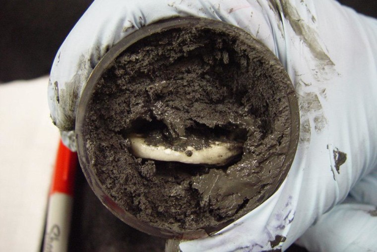 A methane hydrate crystal is seen in sediment pulled up by a core drill.