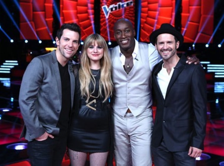 Chris Mann (from left), Juliet Simms, Jermaine Paul, Tony Lucca gave their last live performances on Monday night on \"The Voice.\"