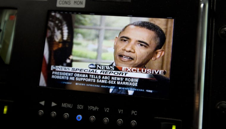 President Barack Obama is seen on a monitor in the White House briefing room May 9 in Washington. President Barack Obama told an ABC interviewer that he supports gay marriage.