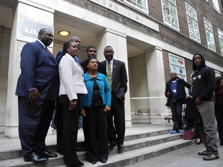 Slain Florida teen Trayvon Martin's parents and brother with Doreen Lawrence, mother of murdered British teenager Stephen Lawrence, outside the University of London Union in London, England, Friday. From left: Lawyer Daryl Parks, Trayvon's parents Sybrina Fulton and Tracy Martin, Doreen Lawrence (front), Jahvaris Fulton and lawyer Benjamin Crump.