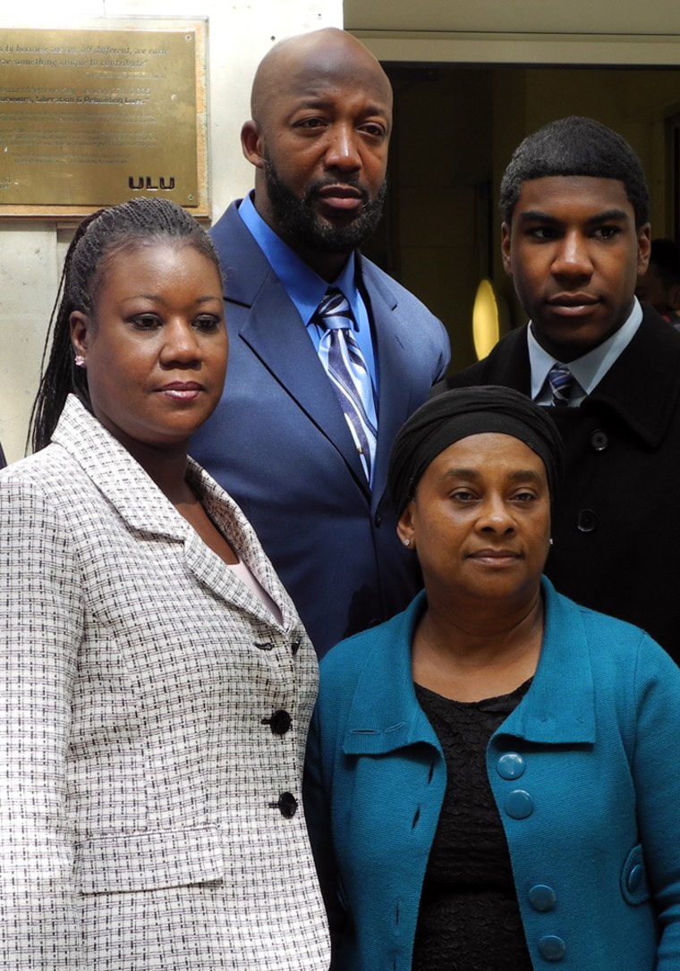 Slain Florida teen Trayvon Martin's parents Sybrina Fulton (left) Tracy Martin (back) and brother, Jahvaris Fulton, (right) with Doreen Lawrence, mother of murdered British teenager Stephen Lawrence.