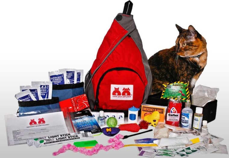 Items in the packs include water purifier tablets, pet first aid kit, emergency lightsticks, hypothermia blanket, waterproof document pouch and more that can be specialized for your dog or cat.
