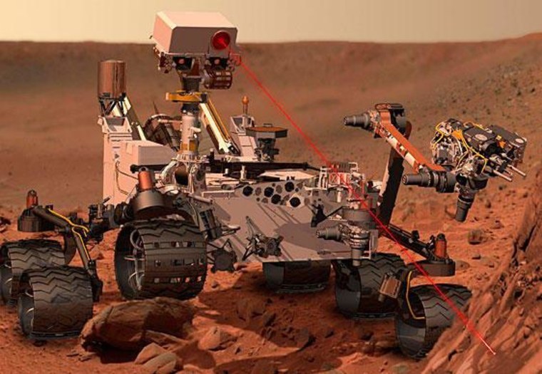 An artist's conception shows NASA's Curiosity rover zapping a rock during a sampling operation on Mars. Laser-zapping is not a requirement for the robots entered in a NASA-backed $1.5 million contest.