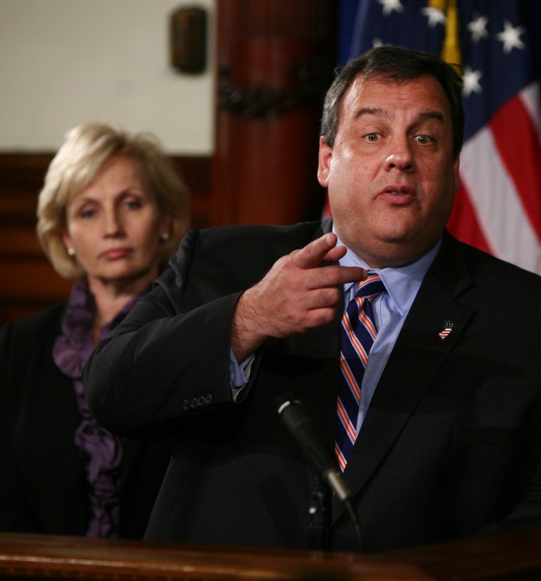 N.J. Gov. Chris Christie with Lt. Gov. Kim Guadagno in November 2011. Despite Guadagno's involvement in a criminal investigation of pension abuse, Christie has not appointed a special prosecutor.