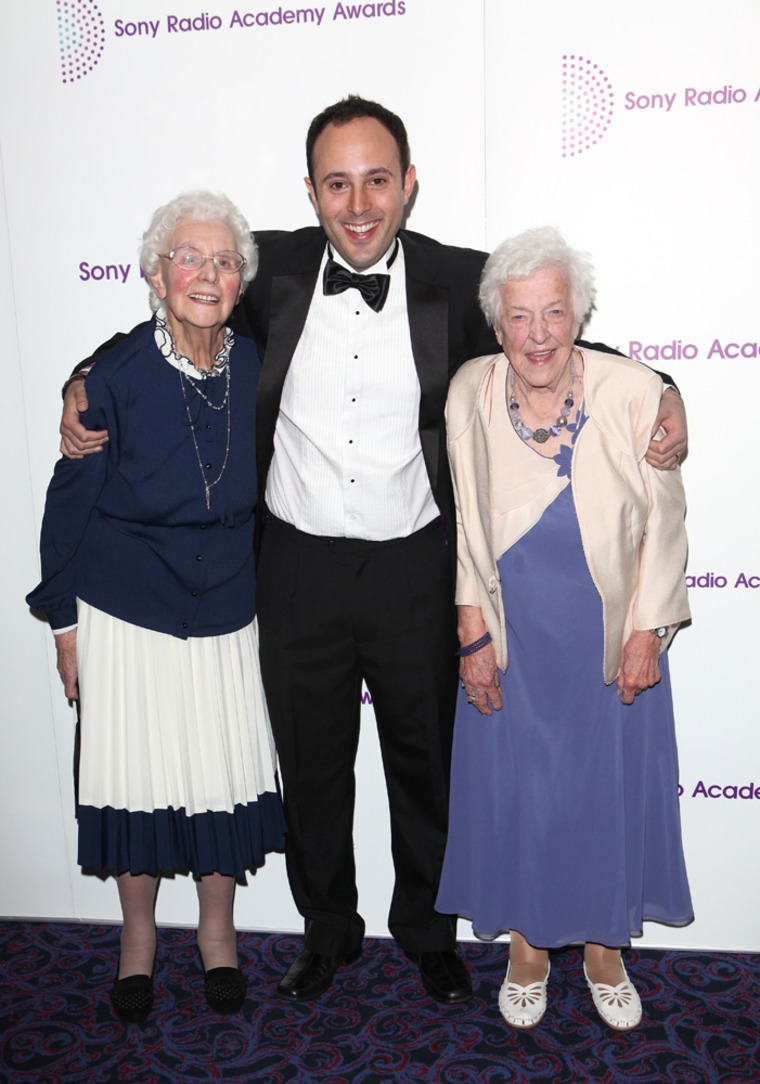 Beryl Renwick and Betty Smith with Simon Reeves attend the Sony Radio Adacemy Awards 2012 recognizing national and regional radio stations at Grosvenor House in London, Monday night.