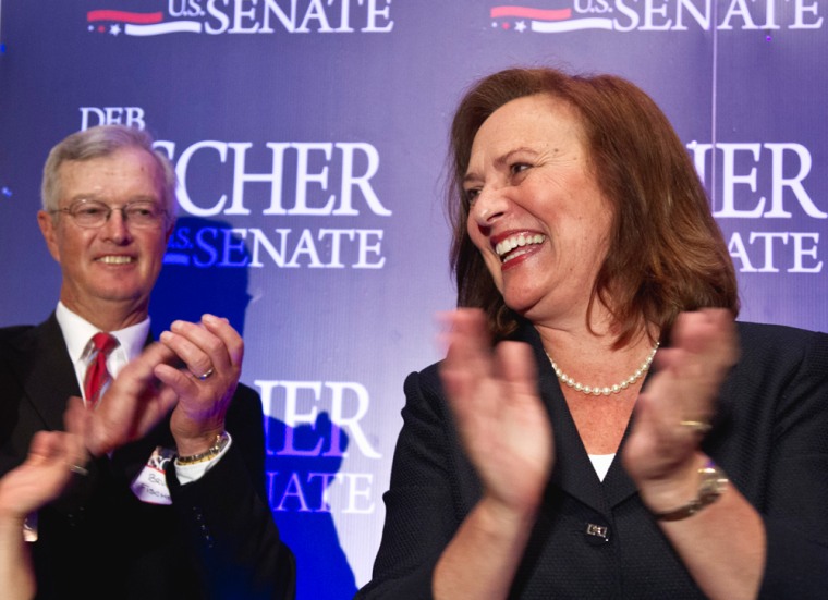 Nebraska Sen. Deb Fischer applauds her supporters with her husband Bruce Fischer, left, at her election party May 15 in Lincoln, Neb.