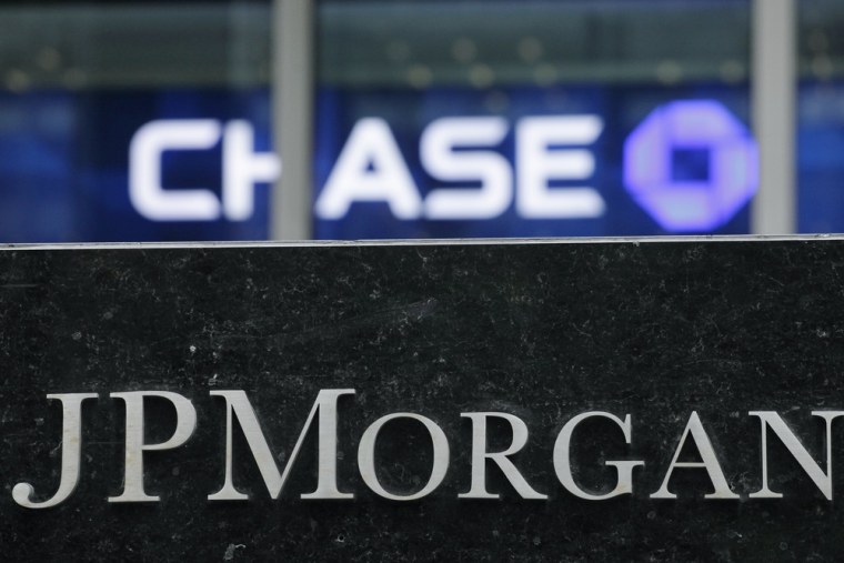 The corporate logos for JPMorgan Chase are shown in New York.
