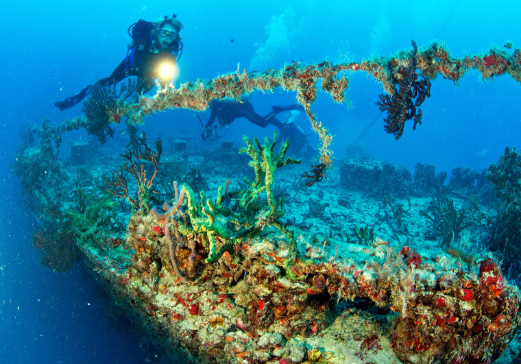 Annette Robertson explores a portion of the artificial reef Spiegel Grove on May 16 2012, in the Florida Keys National Marine Sanctuary, off Key Largo, Fla.