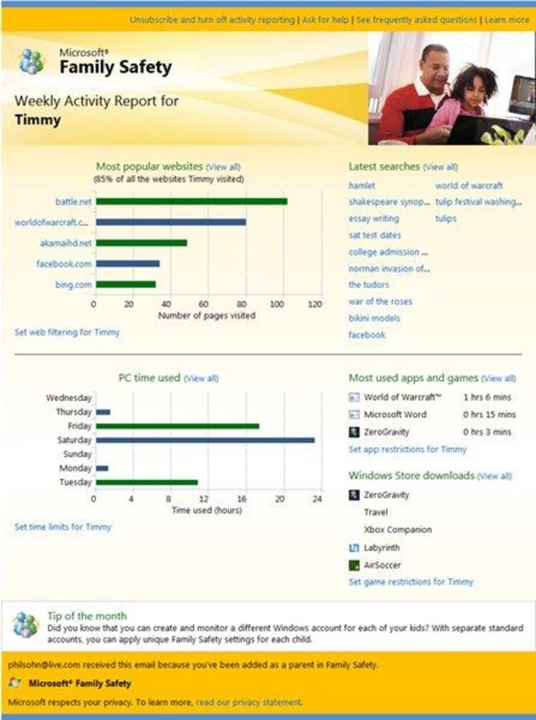 Windows 8 will let parents opt to receive a report card like this about their kids' computer activity.