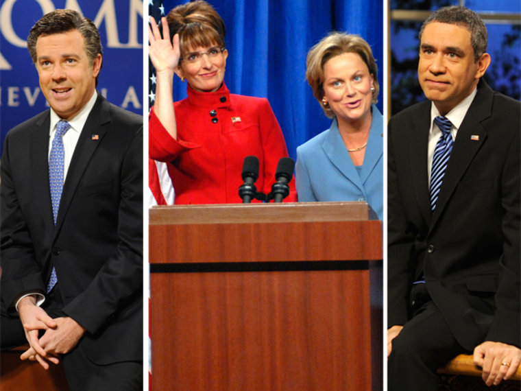 From left, Jason Sudeikis plays Romney, Tina Fey and Amy Poehler do their best Palin/Clinton and Fred Armisen takes on Obama.