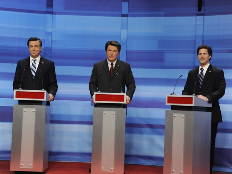 Alec Baldwin, as Rick Perry, squared off against Sudeikis' Romney and Andy Samberg, as Rick Santorum in a debate sketch.