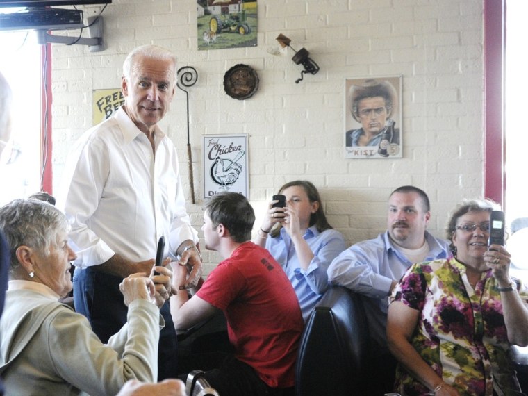 Vice President Joe Biden, center left, visits with at Hog father's Old Fashioned BBQ, Thursday, May 17, 2012, in Washington, Pa.