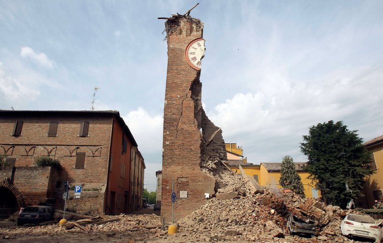 The old tower is seen collapsed after an earthquake in Finale Emilia, Italy, May 20. A strong earthquake rocked a large swathe of northern Italy early Sunday, causing serious damage to the area's cultural heritage. The epicentre of the 6.0 magnitude quake, the strongest to hit Italy in three years, was in the plains near Modena in the Emilia-Romagna region of the Po River Valley.