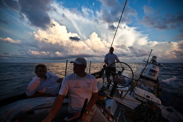 Storm clouds form behind the Abu Dhabi Ocean Racing team during leg 7 of the Volvo Ocean Race 2011-12, from Miami to Lisbon, Portugal on May 20.