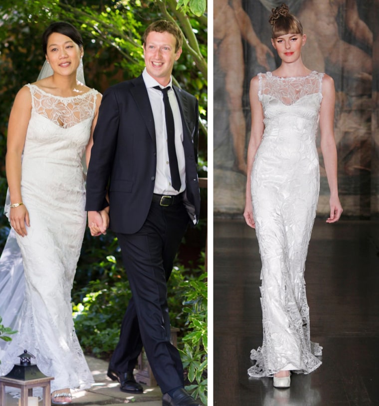 Facebook co-founder and CEO Mark Zuckerberg and his bride, Priscilla Chan, at their wedding on May 19; on right, the gorgeous Claire Pettibone gown the bride chose for her big day.