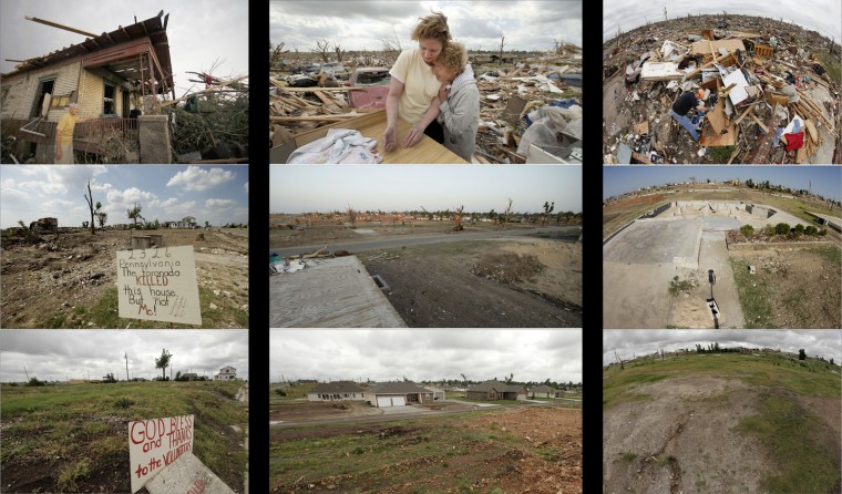 These three-photo combos, taken on May 25, 2011, top, July 20, 2011, center, and May 7, 2012, bottom, show scenes of destruction, cleanup and rebuilding in the year since an EF-5 tornado destroyed a large swath of the city and killed 161 people.