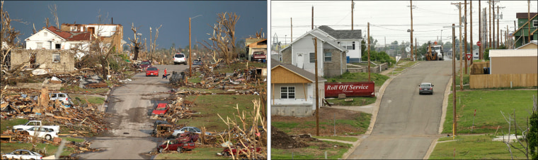 Shots taken on May 23, 2011, left, and May 7, 2012, show progress made in Joplin, Mo., in the year after an EF-5 tornado destroyed a large swath of the city.
