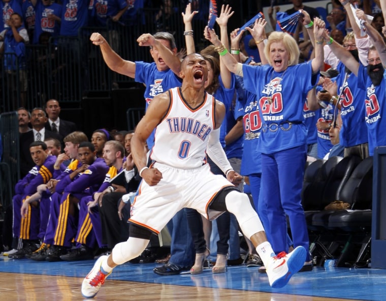 Russell Westbrook of the Oklahoma City Thunder celebrates in Game Five of the Western Conference Semifinals between the Los Angeles Lakers and the Oklahoma City Thunder during the 2012 NBA Playoffs on May 21, 2012 at the Chesapeake Energy Arena in Oklahoma City.