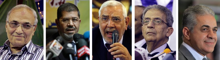 The main candidates, from left: Ahmed Shafiq, Mohammed Morsi, Abdel-Moneim Abolfotoh, Amr Moussa and Hamdeen Sabahi.