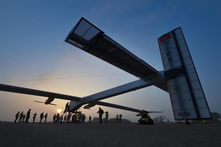 The Swiss sun-powered aircraft Solar Impulse prepares for takeoff on May 24, in Payerne on its first attempted intercontinental flight from Switzerland to Morocco.