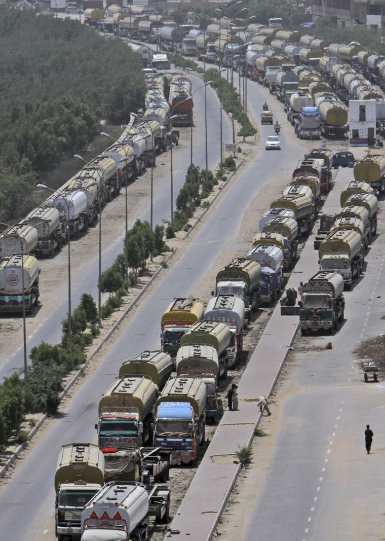 Oil tankers, which were used to transport NATO fuel supplies to Afghanistan, are parked in Karachi on Wednesday.