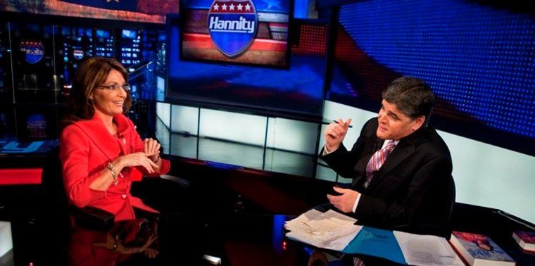 This photo provided by Fox News Channel shows Sean Hannity interviewing former Alaska Gov. Sarah Palin in New York, Wednesday, Nov. 18, 2009. The interview will be broadcast Wednesday night on the Fox news Channel's