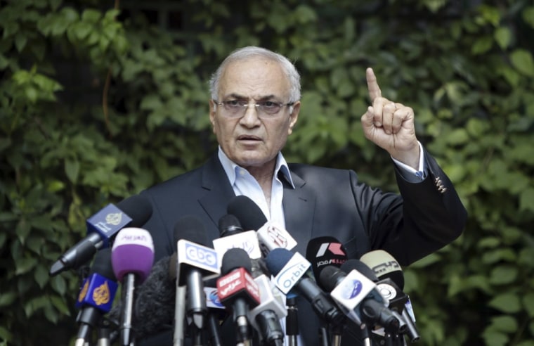 Former prime minister and presidential candidate Ahmed Shafiq talks during a news conference in Cairo on May 14.