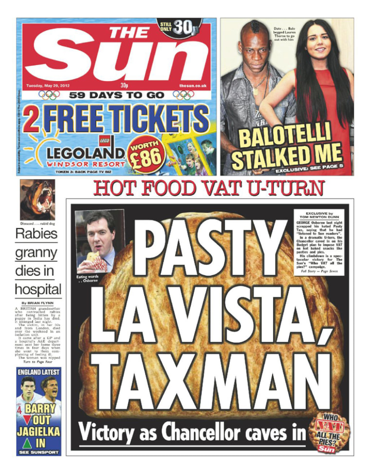 The Sun's front page story on the British government's 'pastygate' climbdown on Tuesday.