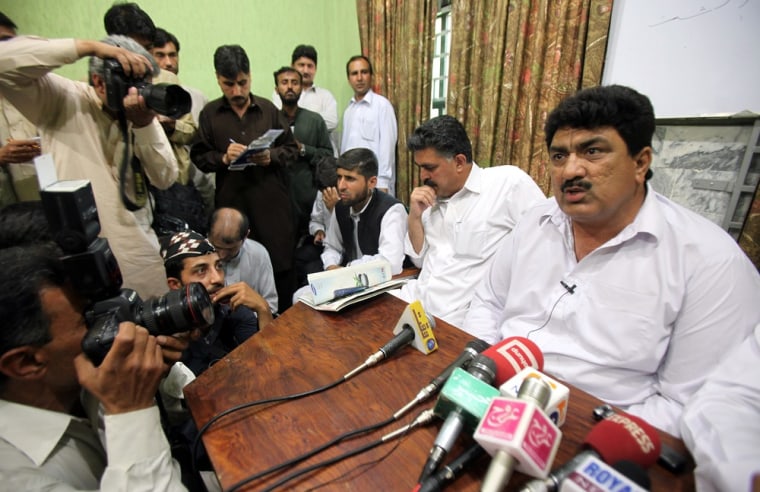 Jamil Afridi, right, brother of a Pakistani doctor Shakil Afridi speaks at a news conference in Peshawar, Pakistan on Monday.