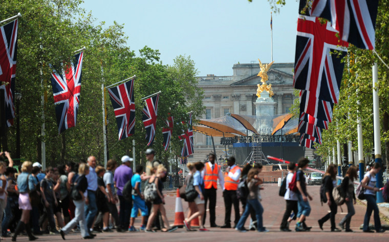 Union Flags fly along The Mall near Buckingham Palace in London, on May 29, ahead of Queen Elizabeth II's Diamond Jubilee celebrations.