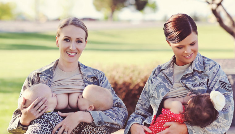 Terran Echegoyen-McCabe, left, and Christina Luna breast-feed their children. Terran says she's proud of the photo, though she didn't expect it to get such a reaction.