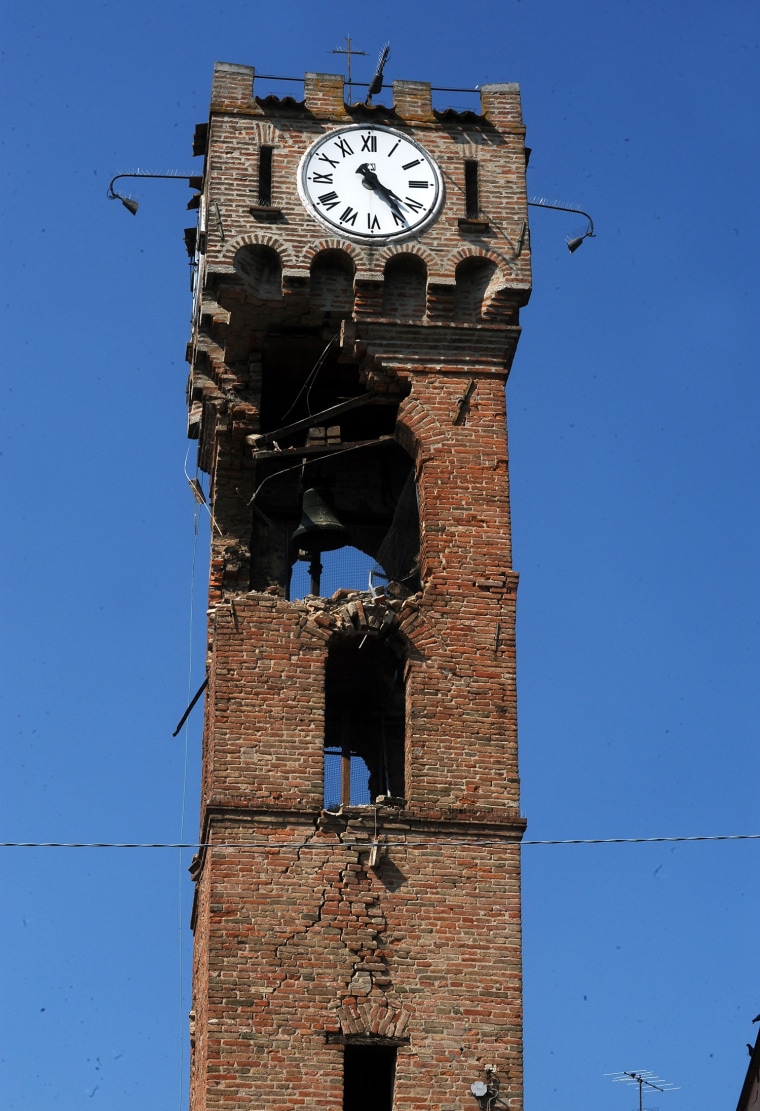 The clock tower of Novi di Modena damaged by the earthquake on May 30, in Novi di Modena, Italy.