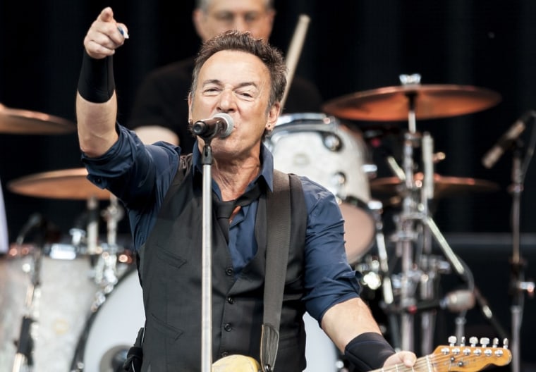 Bruce Springsteen performs on stage at the Rheinenergiestadion on May 27 in Cologne, Germany.