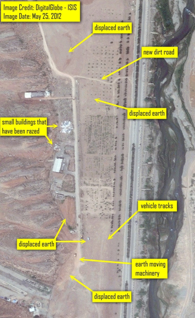 This satellite image from Friday shows earth displacement activity at the suspected high explosive testing site in Parchin, Iran. The U.N.'s nuclear watchdog has repeatedly asked Iran for access to the site as part of a long-stalled probe into suspicions that Tehran may be seeking the ability to assemble nuclear bombs.