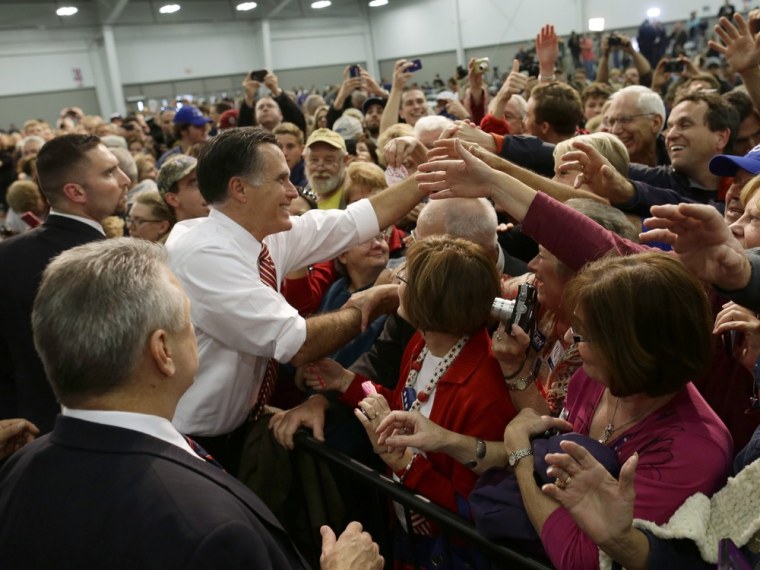 Republican presidential candidate, former Massachusetts Gov. Mitt Romney greets supporters at a campaign stop at Meadow Event Park, in Richmond, Va., Thursday, Nov. 1, 2012.