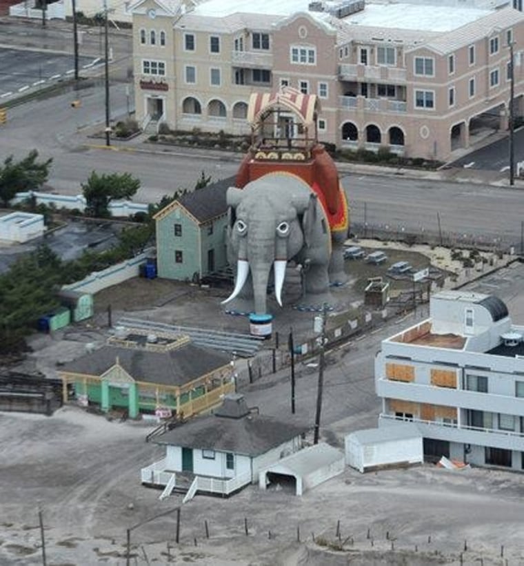 An aerial view of Lucy the Elephant still standing in Margate City, N.J., on Oct. 31. Superstorm Sandy caused extensive damage to the restaurant in front, and the roof of Lucy's parking booth snapped in two.