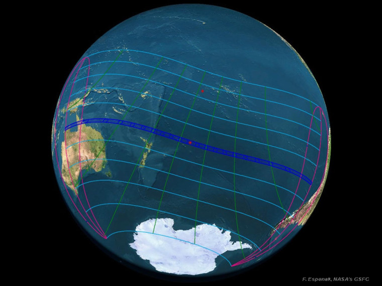 This map shows the thin track of totality for the Nov. 13-14 total solar eclipse, as well as a grid showing the wide area of the Asia-Pacific region and Antarctica from which a partial eclipse will be visible.